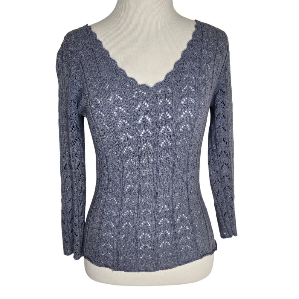Vintage Y2K Arden B Pointelle Knit Sweater Fitted Open Knit Blue Layering Medium